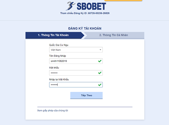 Bước 2 của quá trình đăng ký SBOBET – điền form đăng ký.