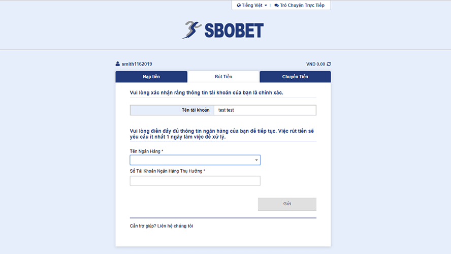 Ở bước 2 của quá trình rút tiền SBOBET bạn cần điền thông tin ngân hàng.